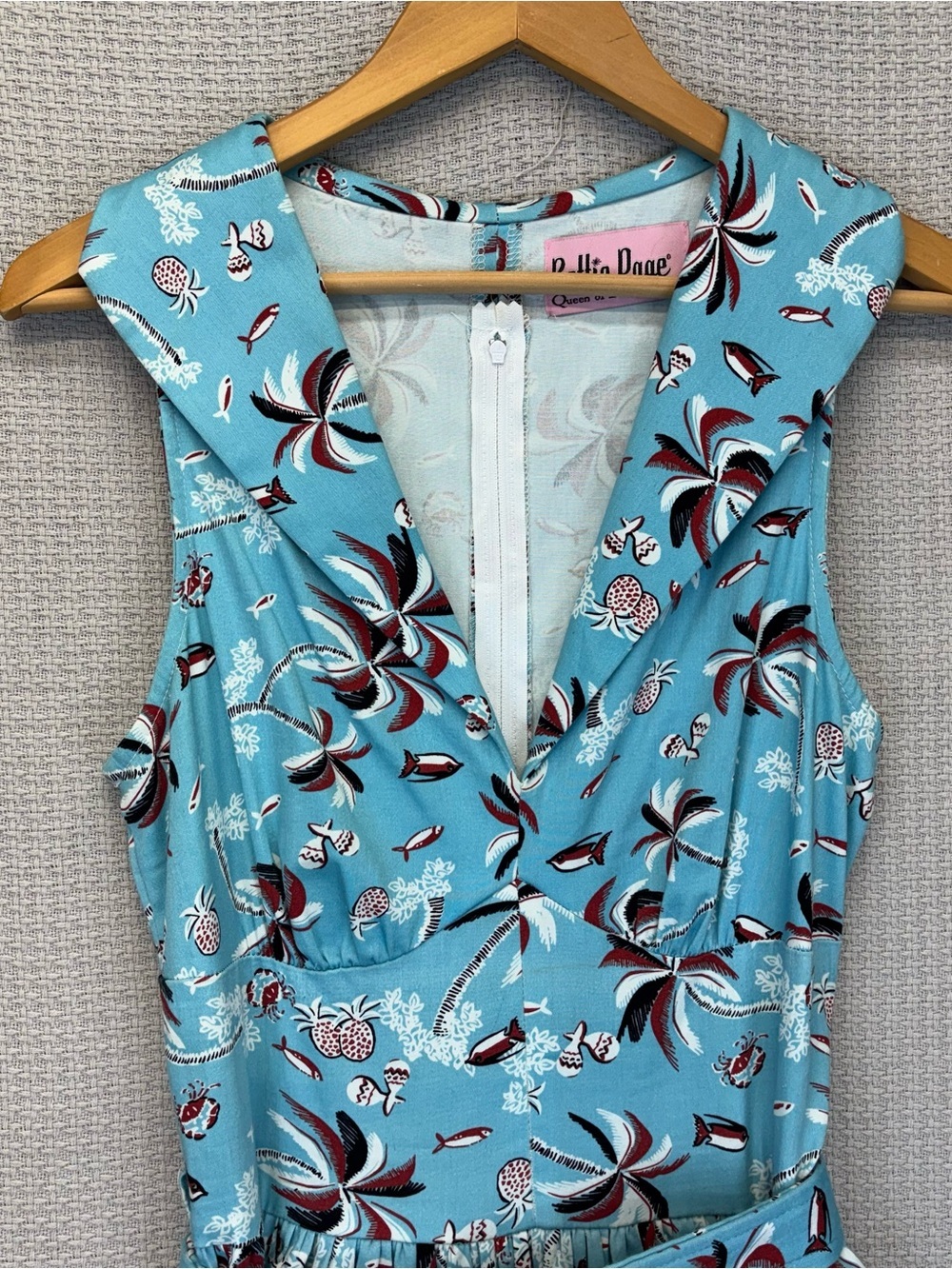 Vtg Bettie Page Hawaiian Fit & Flare Pin Up Blue Dress Sz 10 Retro Vacay Mini - Picture 2 of 13